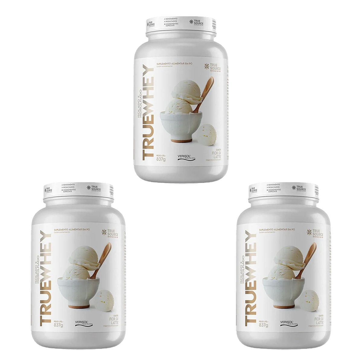 Kit 3X True Whey Protein Hidrolisado e Isolado - 837g Fior di Latte - True Source