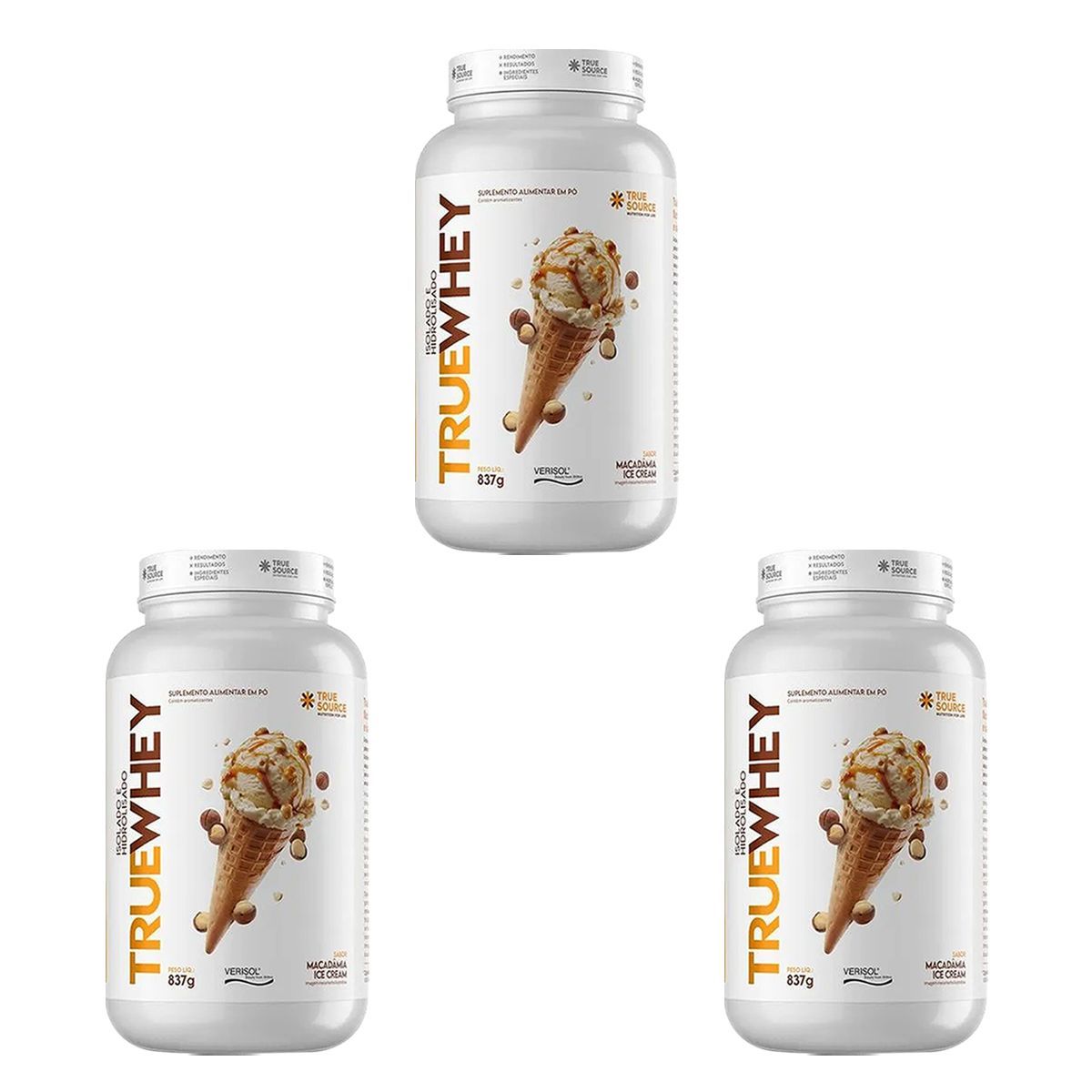 Kit 3X True Whey Protein Hidrolisado e Isolado - 837g Macadamia Ice Cream - True Source