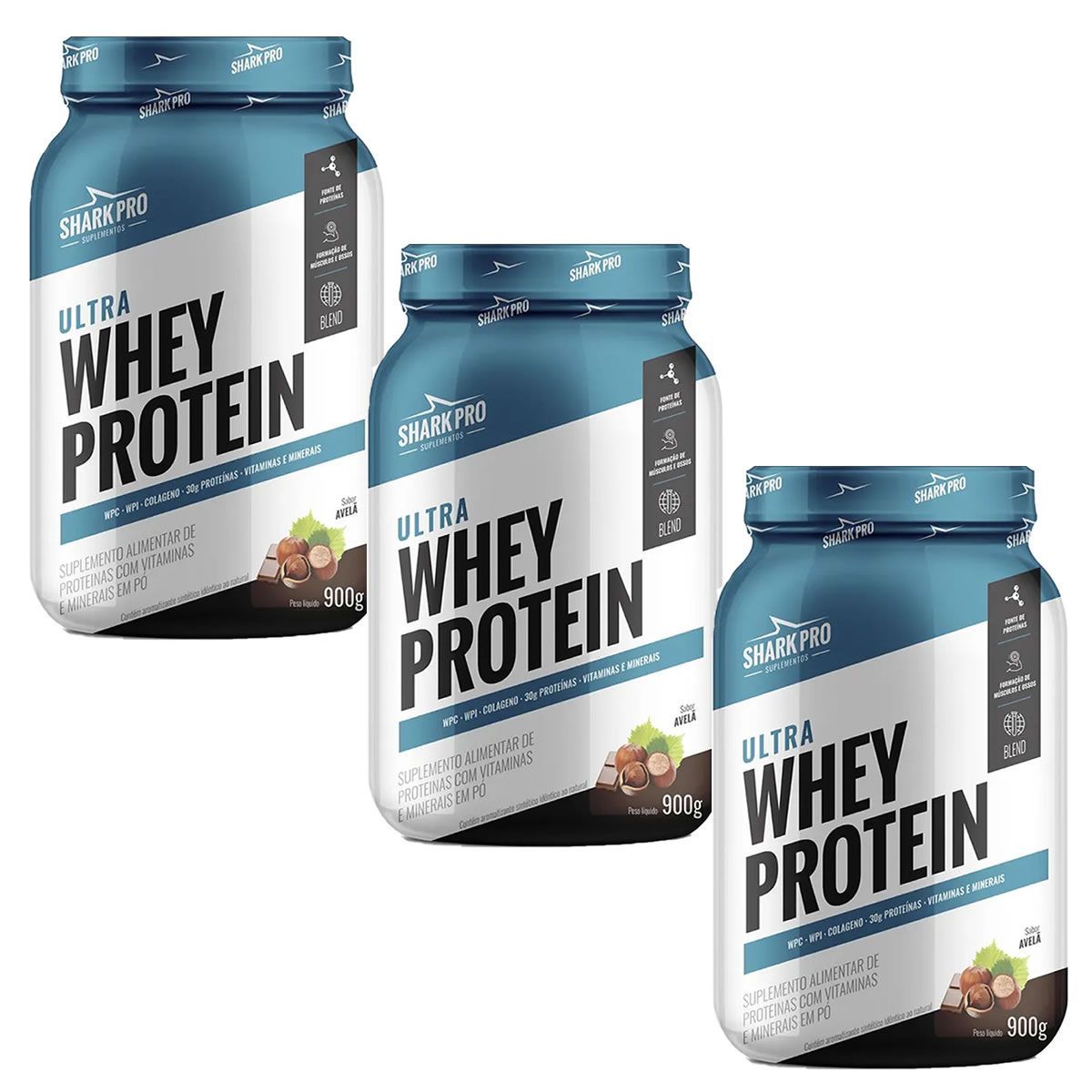Kit 3X Ultra Whey Protein - 907g Chocolate com Avel� - Shark Pro