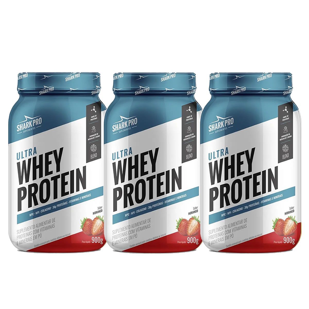 Kit 3X Ultra Whey Protein - 907g Morango - Shark Pro