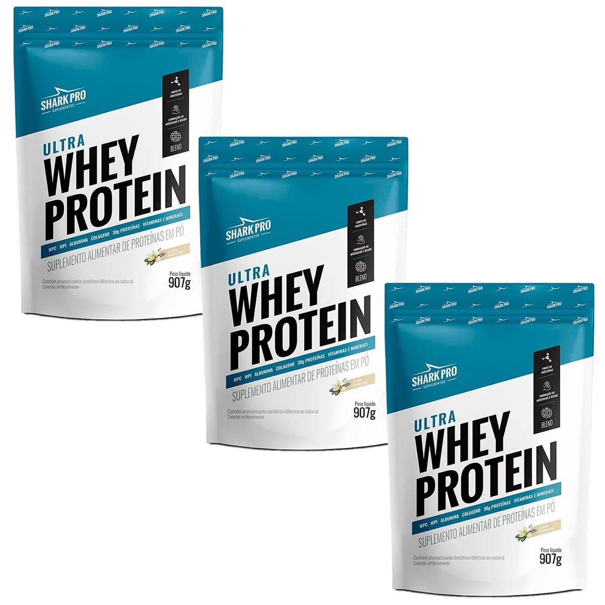 Kit 3X Ultra Whey Protein - 907g Refil Baunilha - Shark Pro