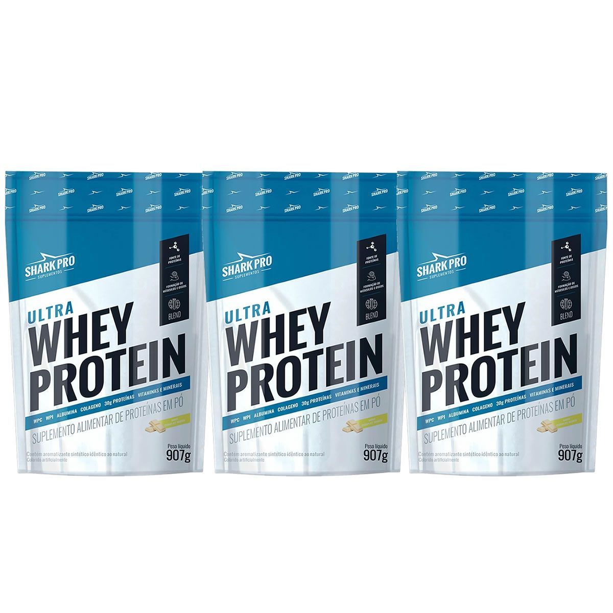 Kit 3X Ultra Whey Protein - 907g Refil Chocolate Branco  - Shark Pro Nutrition