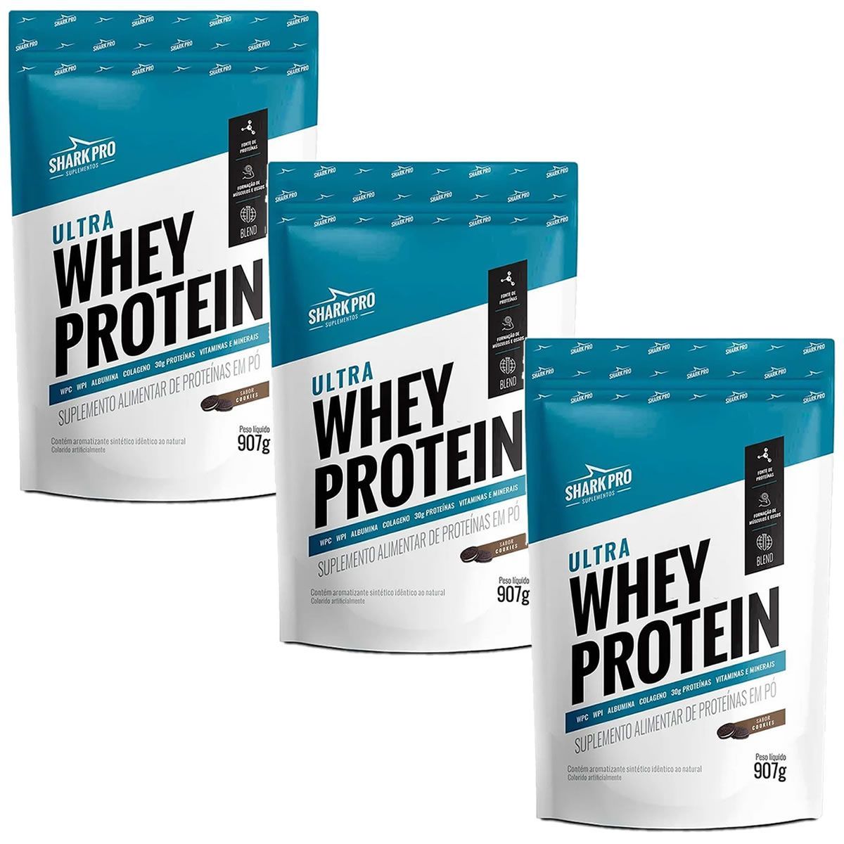 Kit 3X Ultra Whey Protein - 907g Refil Cookies - Shark Pro