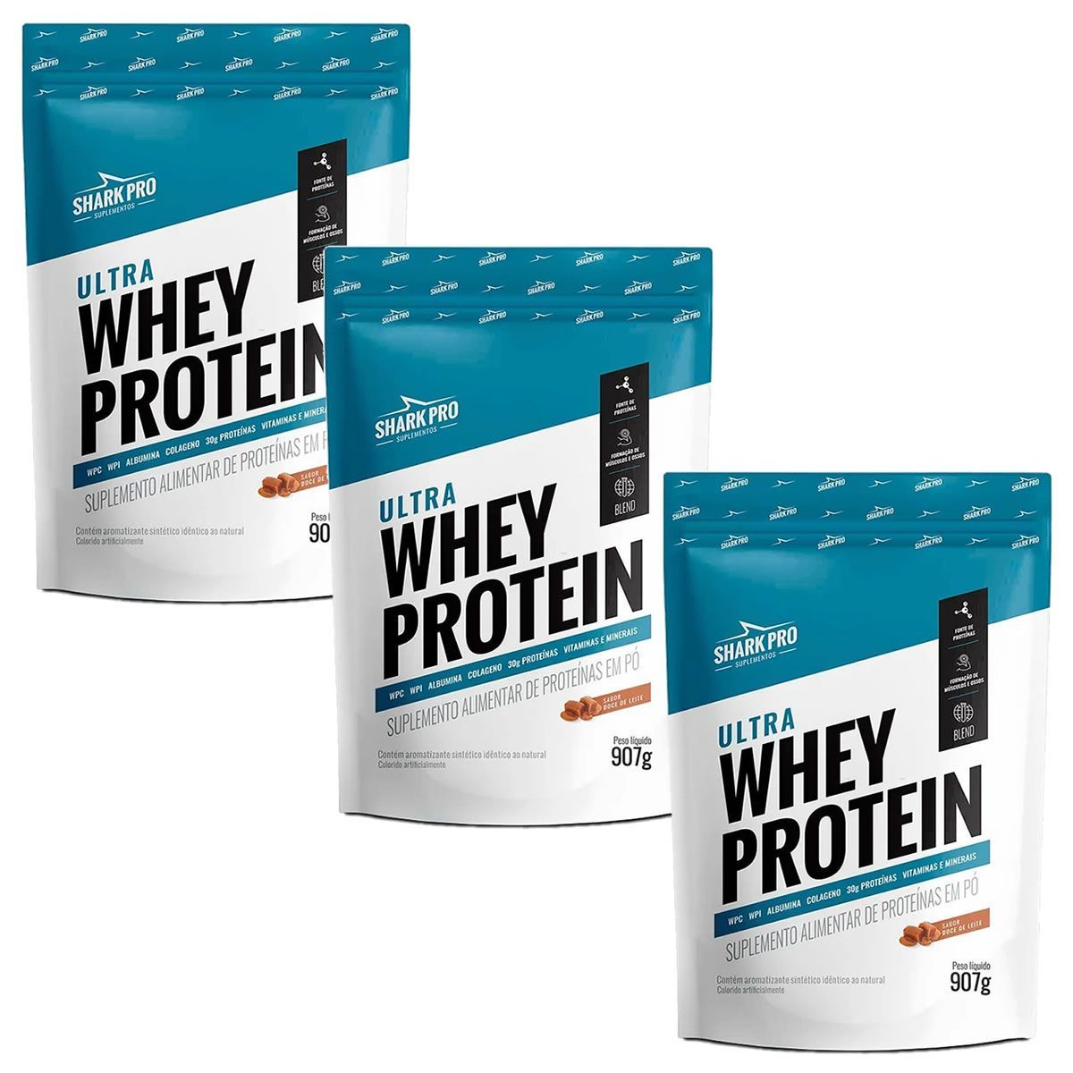 Kit 3X Ultra Whey Protein - 907g Refil Doce de Leite - Shark Pro