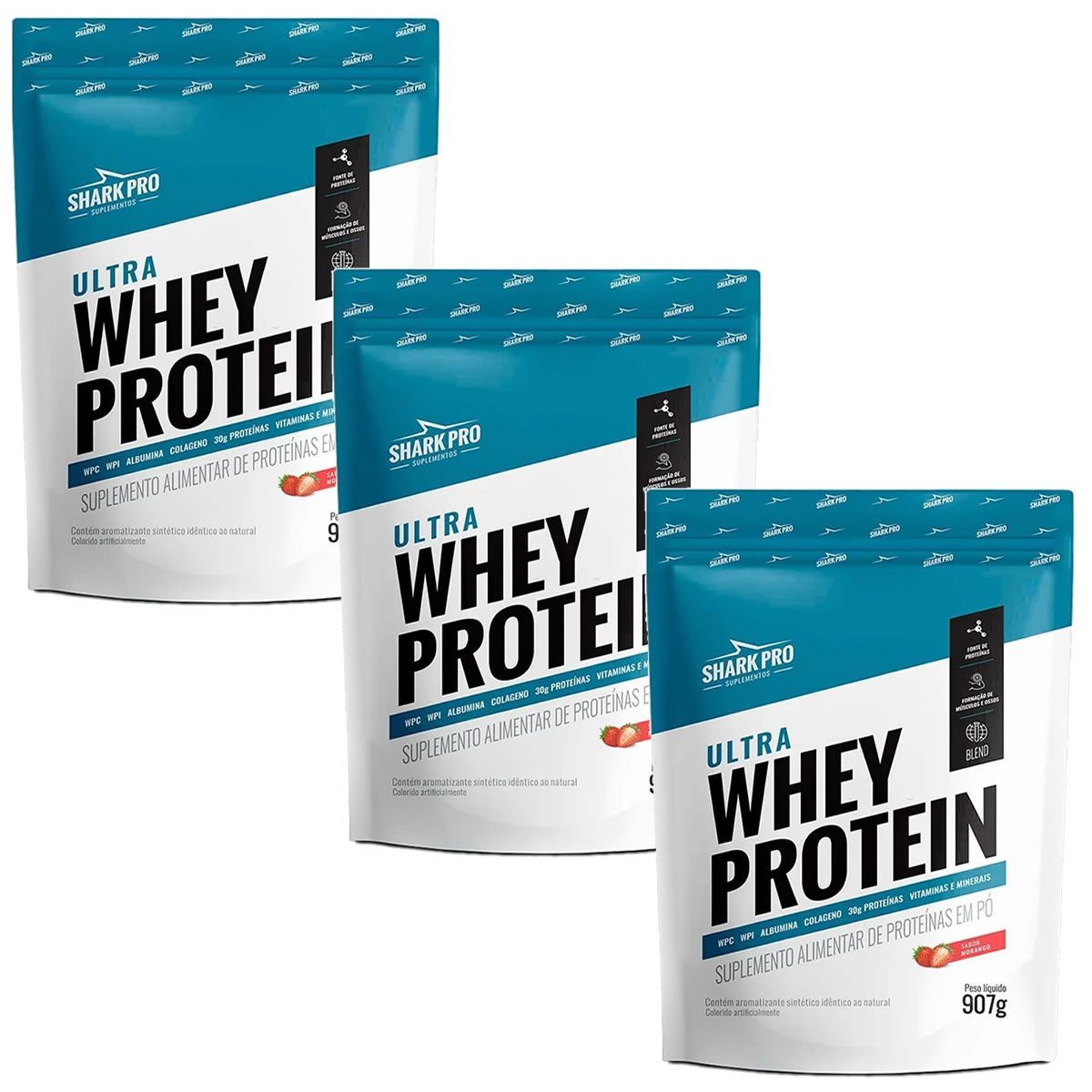 Kit 3X Ultra Whey Protein - 907g Refil Morango - Shark Pro