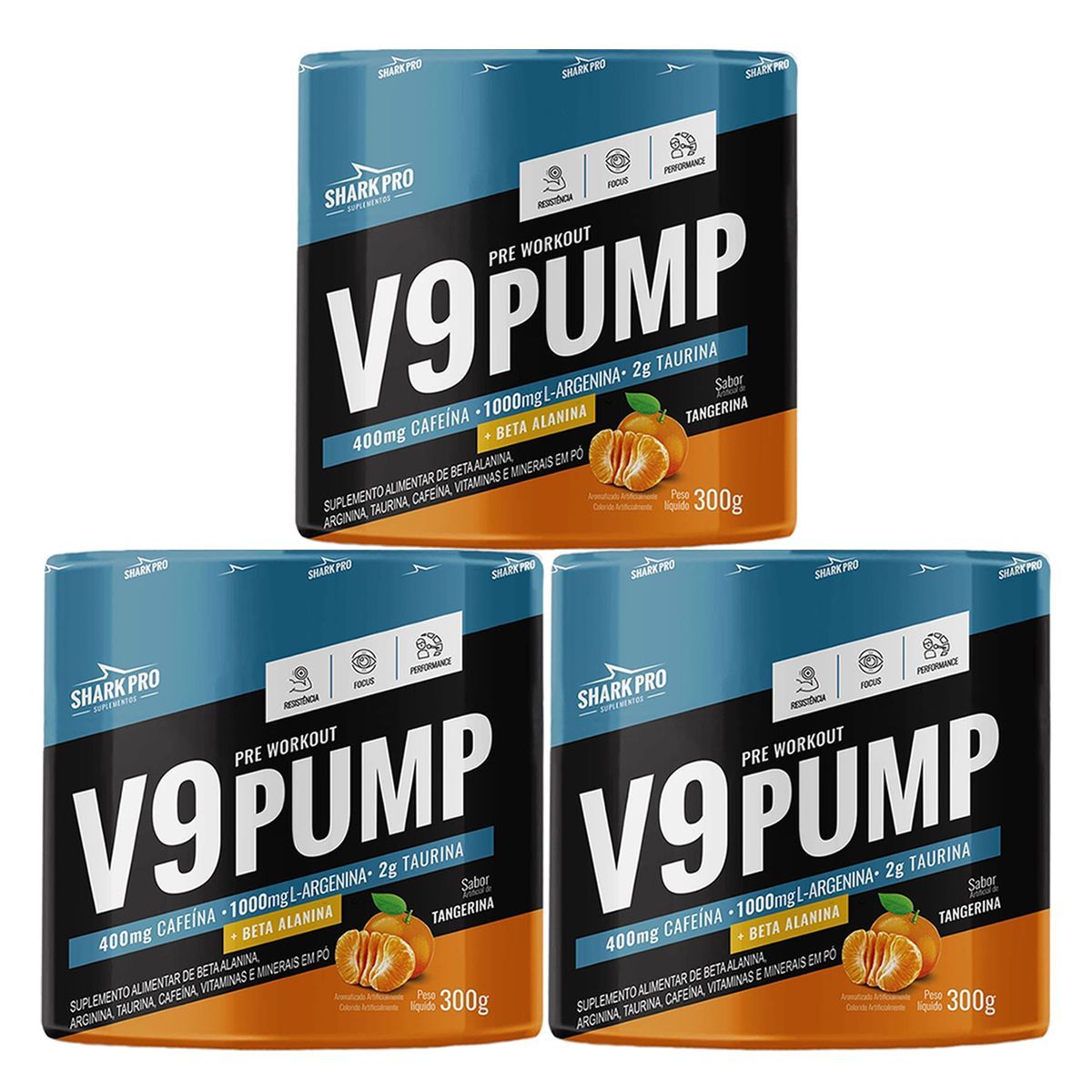 Kit 3X V9-Pump Pre Workout - 300g Tangerina - Shark Pro