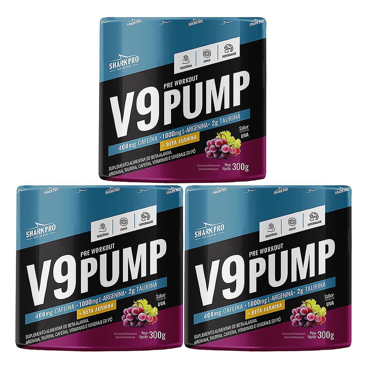 Kit 3X V9-Pump Pre Workout - 300g Uva - Shark Pro