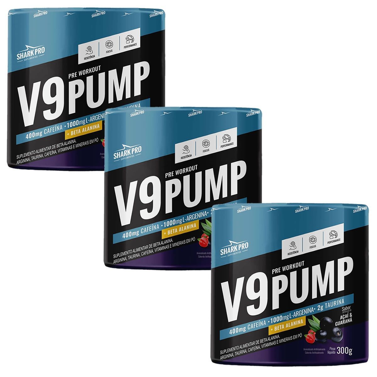 Kit 3X V9-Pump Pre Workout + L-Arginina - 300g A�a� & Guaran� - Shark Pro