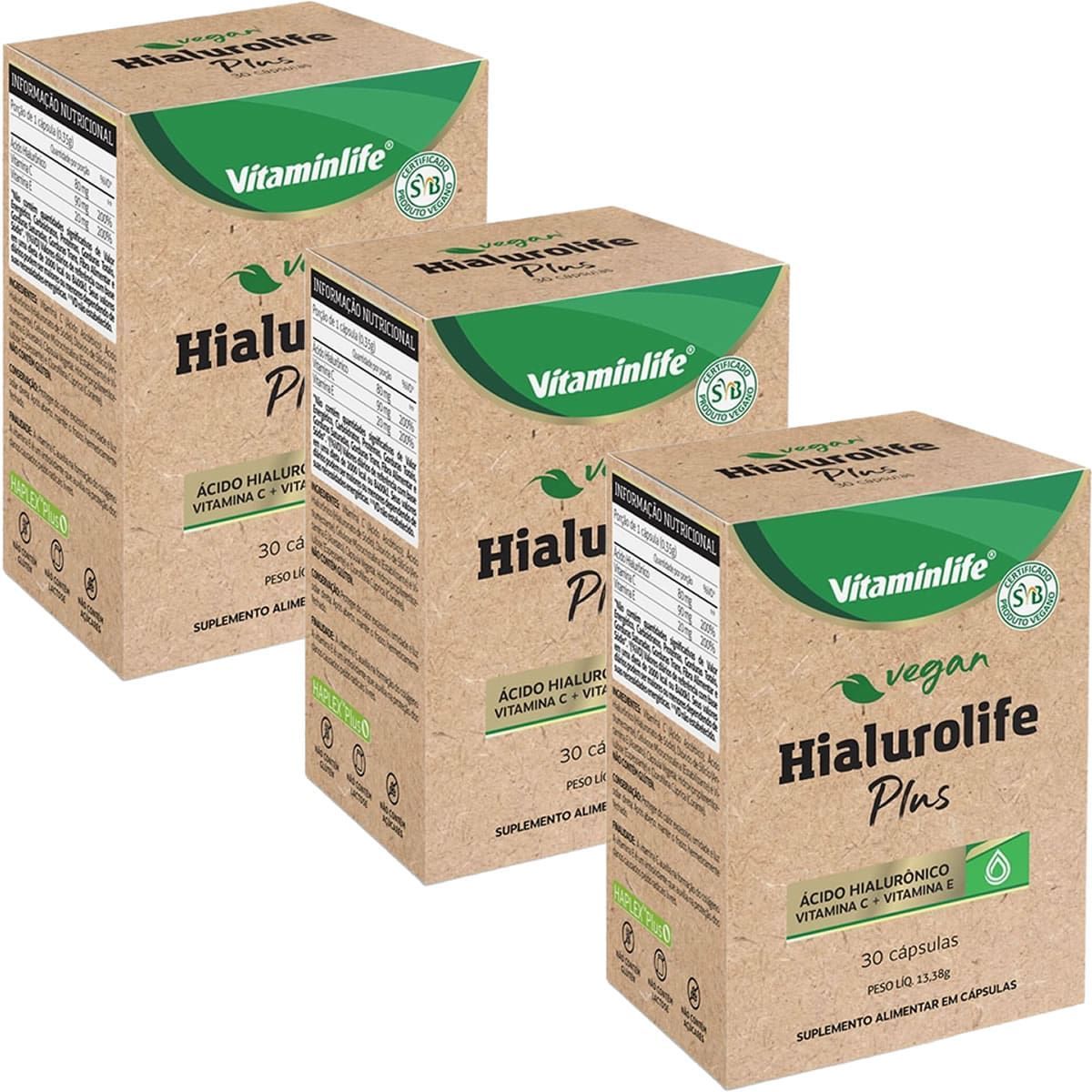 Kit 3X Vegan - Hialurolife Plus �cido Hialur�nico + Vit C + Vit E - 30 C�psulas - VitaminLife