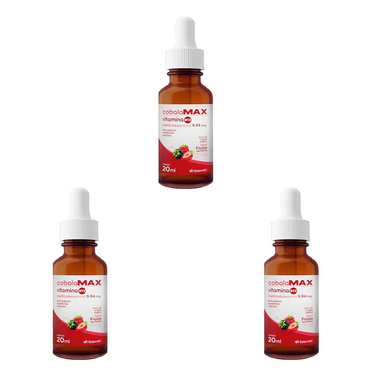 Kit 3X Vitamina B12 Metilcobalamina - 20ml Frutas Vermelhas - Herbamed