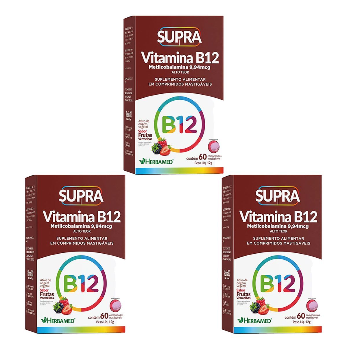 Kit 3X Vitamina B12 Metilcobalamina - 60 Comprimidos Frutas Vermelhas - Herbamed
