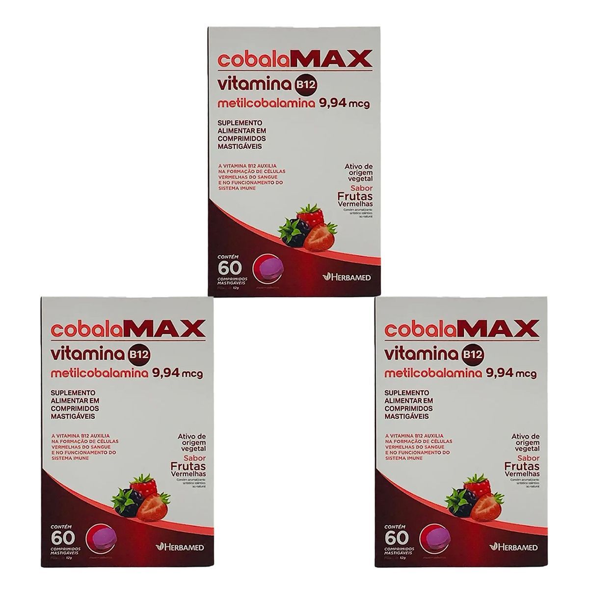 Kit 3X Vitamina B12 Metilcobalamina - 60 Comprimidos Frutas Vermelhas - Herbamed