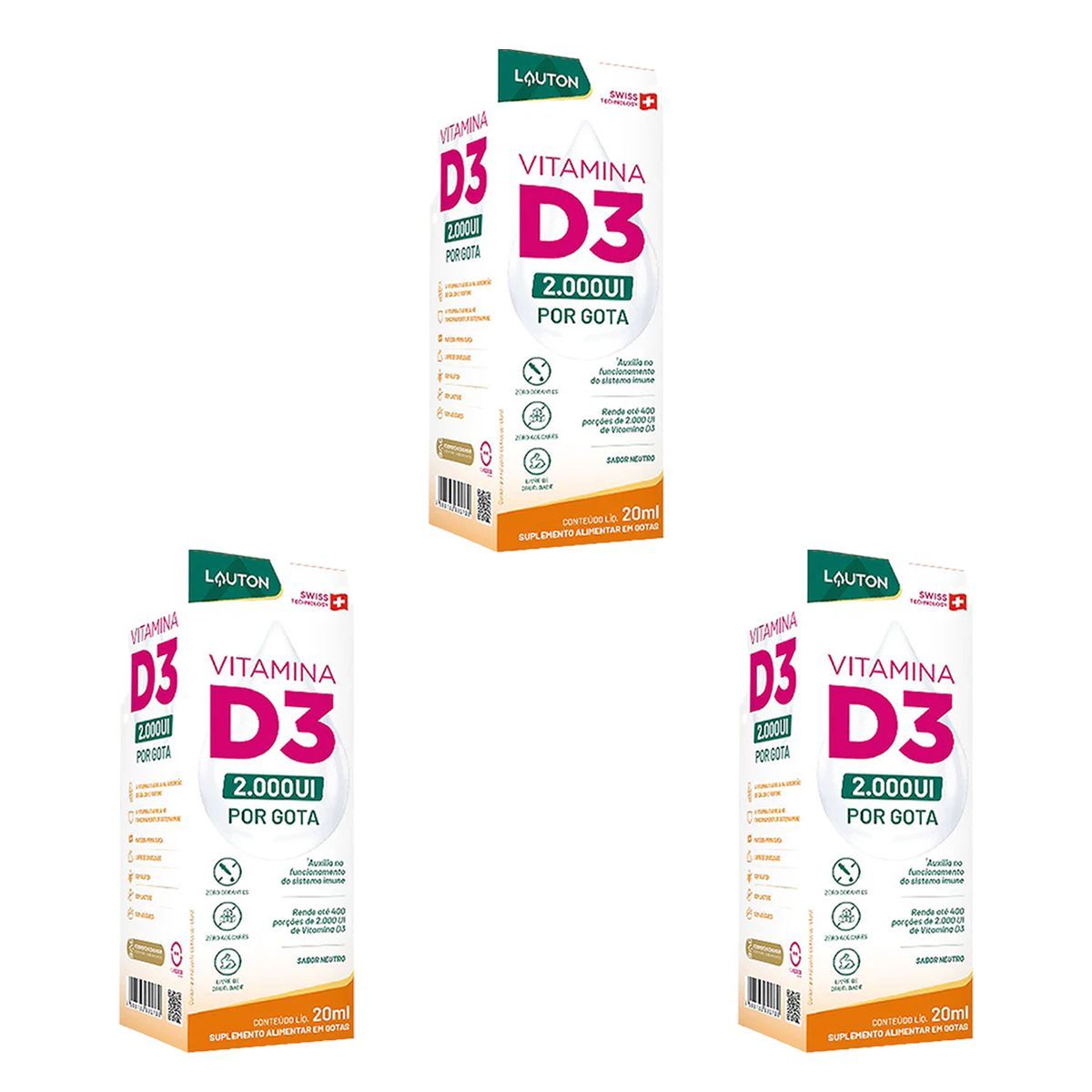 Kit 3X Vitamina D3 - 20ml Gota Neutro - Lauton Nutrition