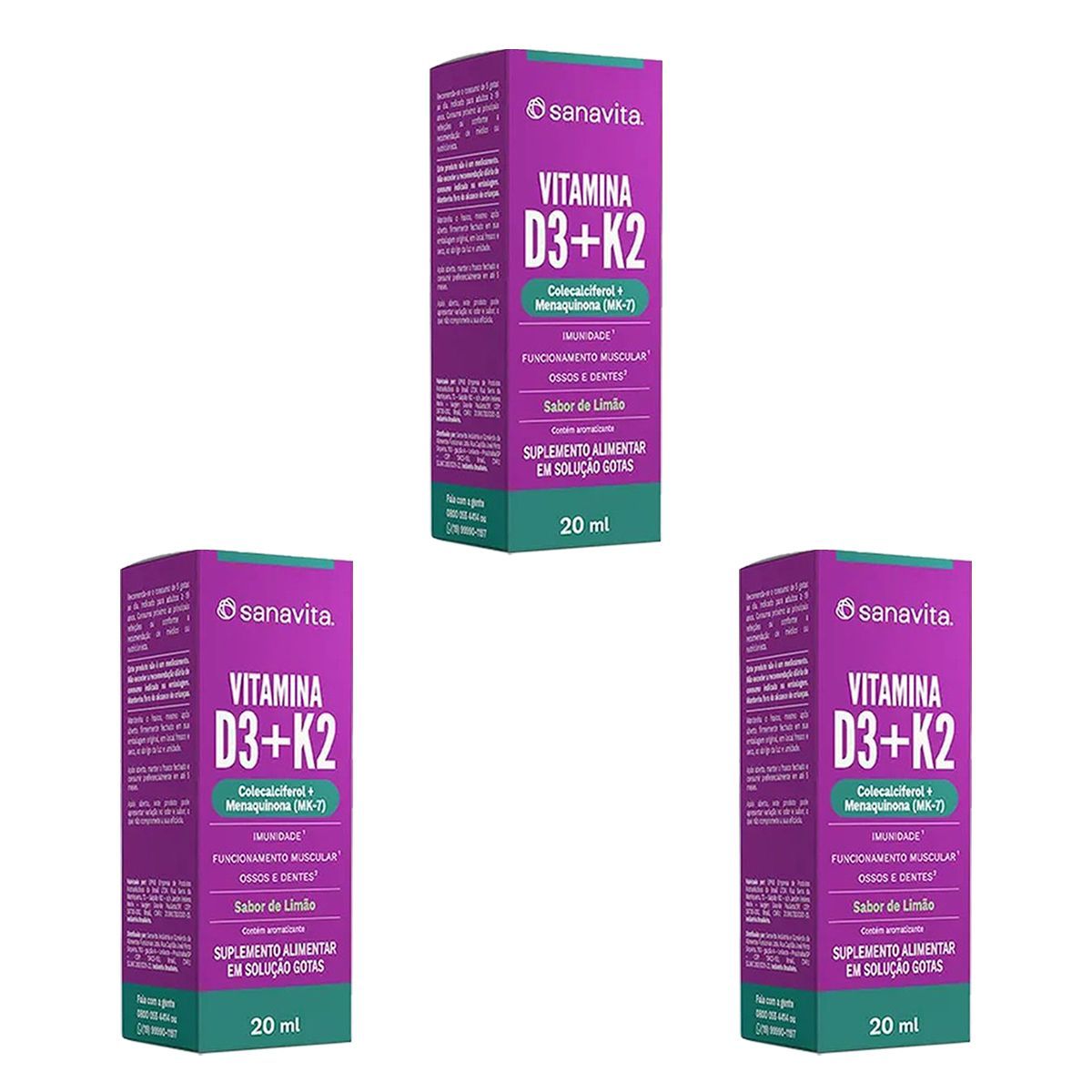 Kit 3X Vitamina D3+ K2 - 20ml Lim�o - Sanavita