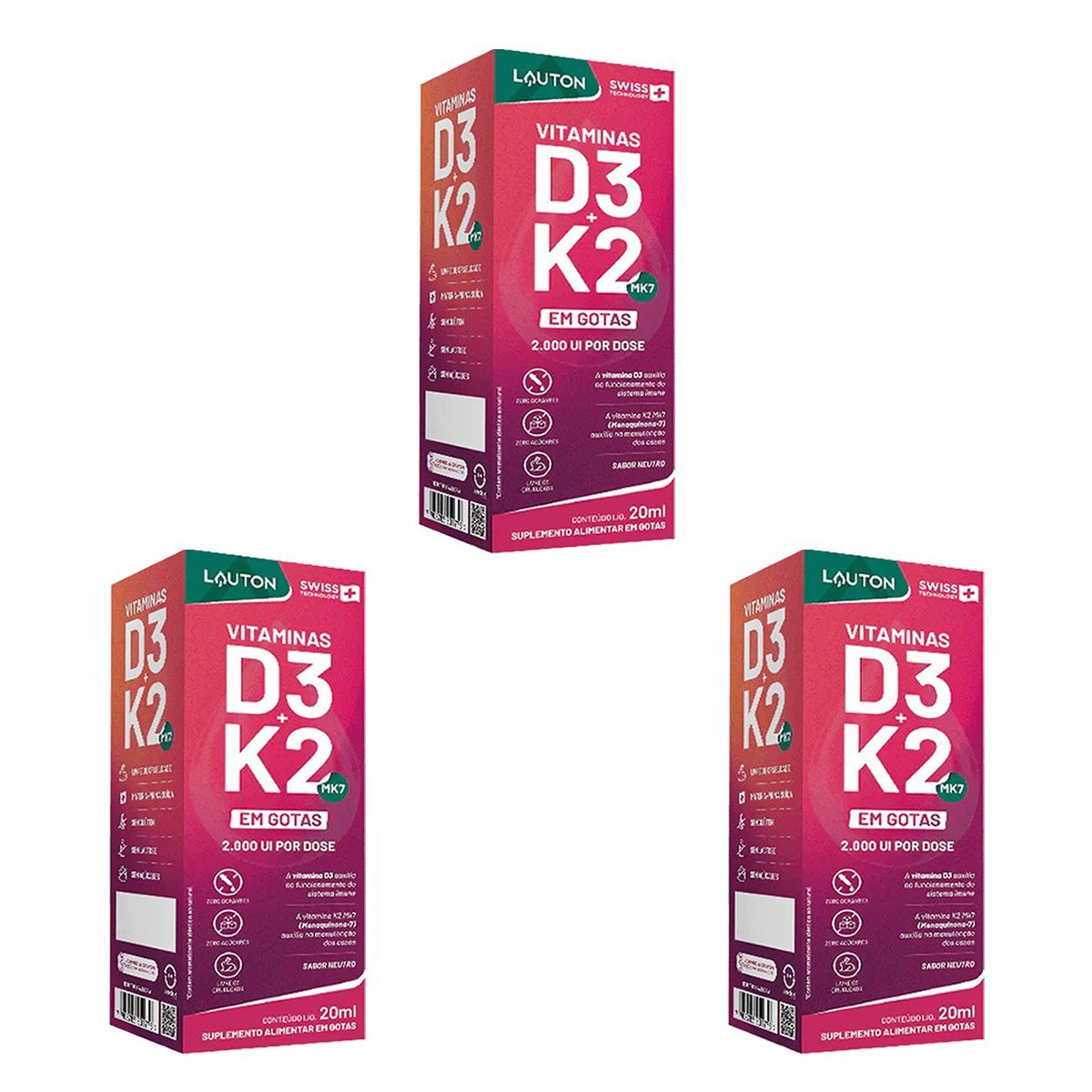Kit 3X Vitamina D3 K2 - 20ml Sabor Neutro - Lauton Nutrition