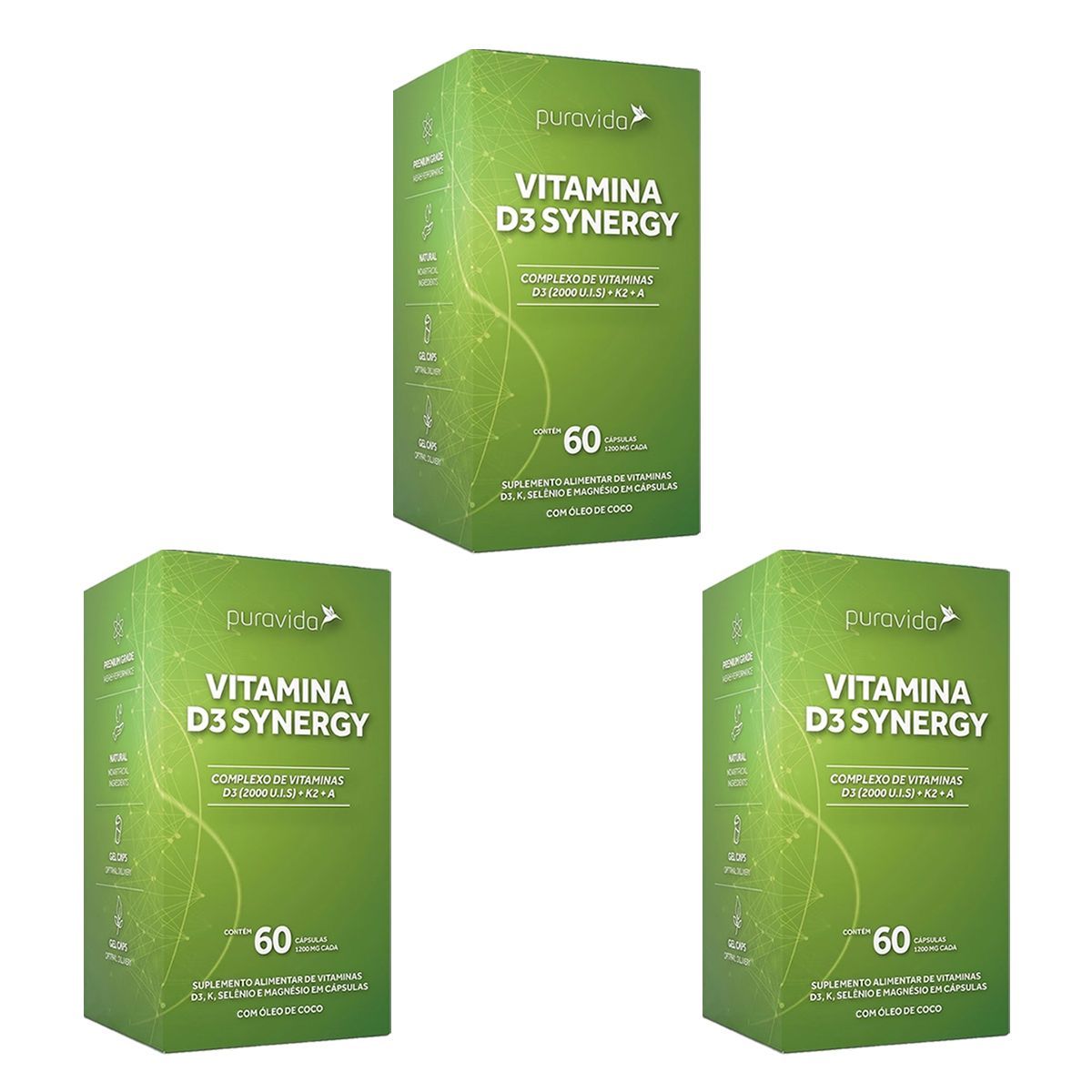 Kit 3X Vitamina D3 Synergy - 60 C�psulas - Puravida
