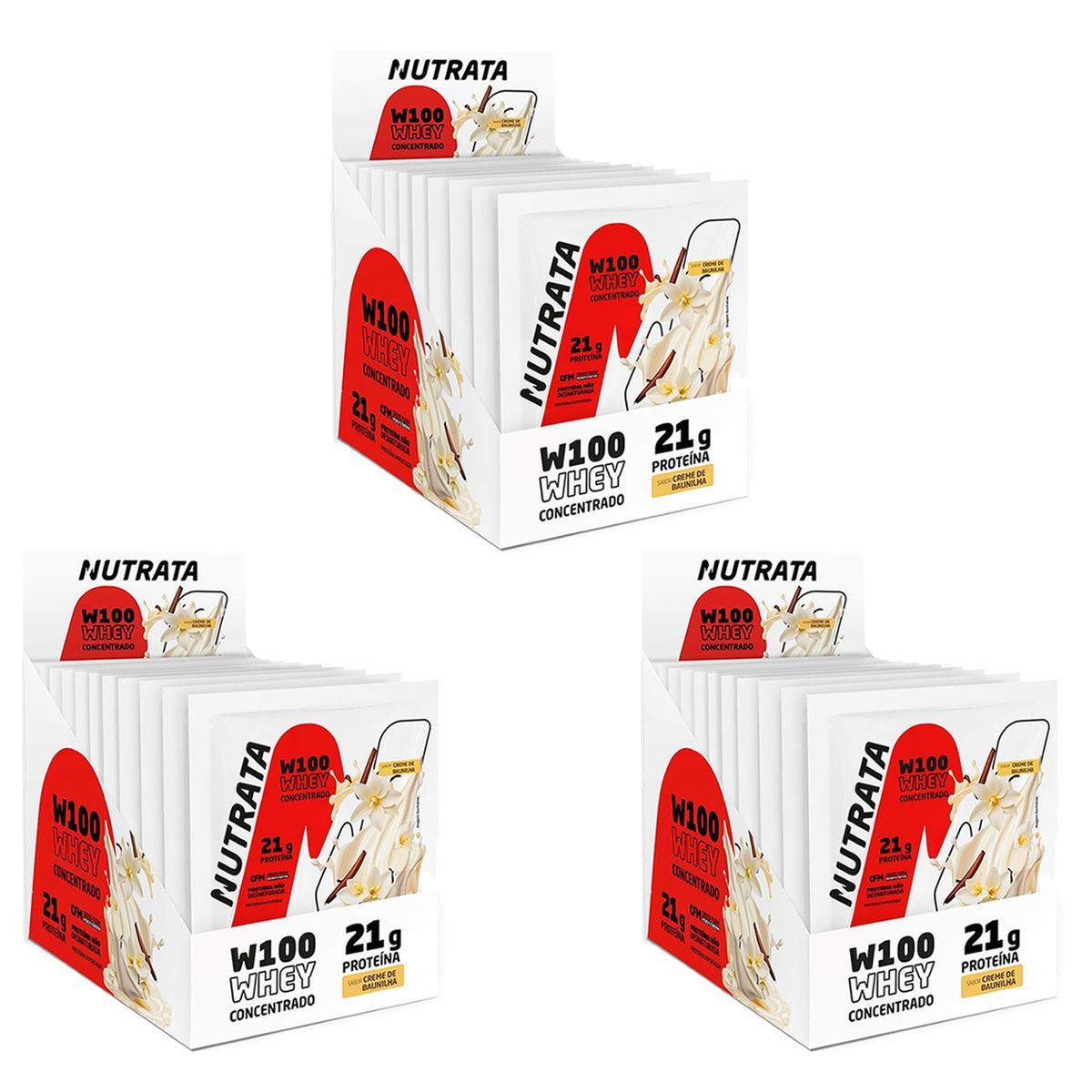 Kit 3X W100 Whey Concentrado - 12 Sach�s 30g Baunilha - Nutrata