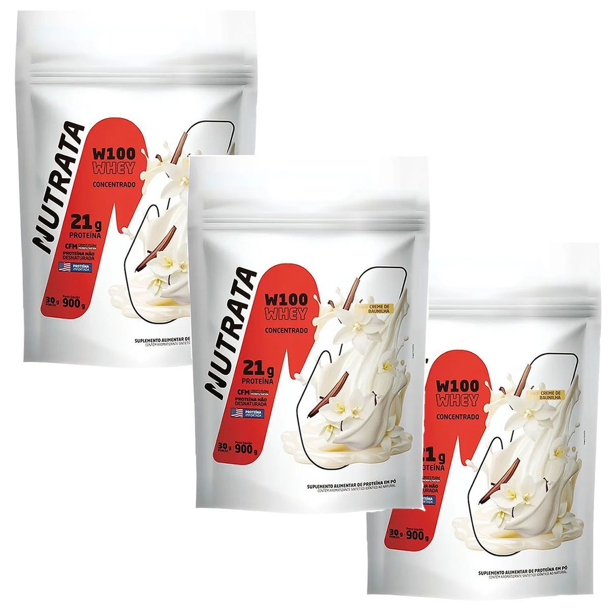 Kit 3X W100 Whey Concentrado - 900g Refil Baunilha - Nutrata