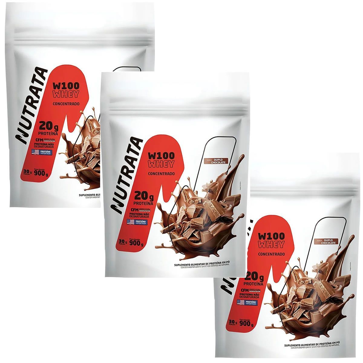 Kit 3X W100 Whey Concentrado - 900g Refil Double Chocolate - Nutrata