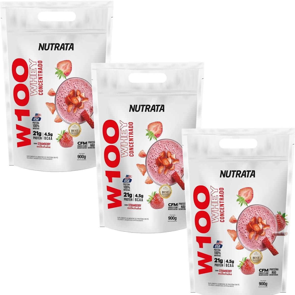 Kit 3X W100 Whey Concentrado - 900g Refil Strawberry MilkShake - Nutrata