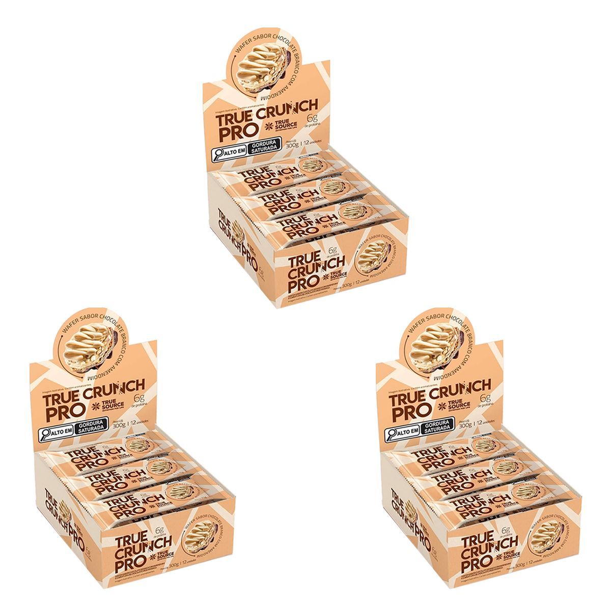 Kit 3X Wafer True Crunch Pro - Caixa com 12 Unidades de 25g Chocolate Branco Com Amendoim - True Source