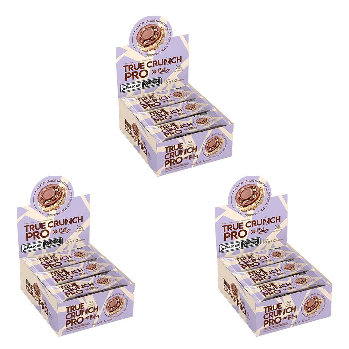 Kit 3X Wafer True Crunch Pro - Caixa com 12 Unidades de 25g Chocolate Meio Amargo - True Source