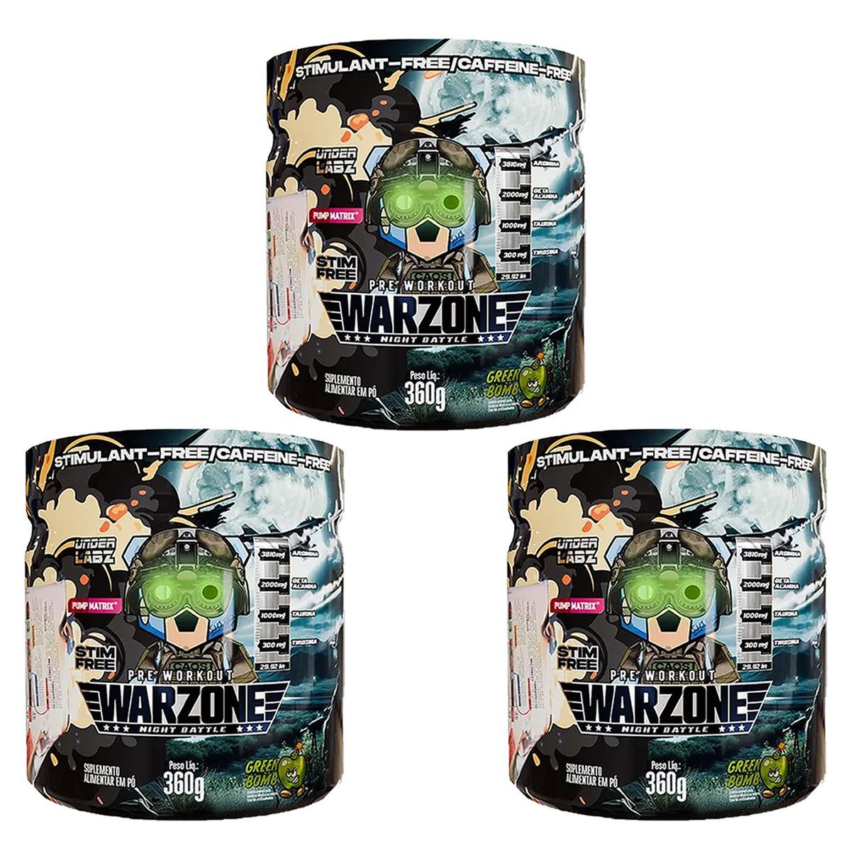 Kit 3X Warzone Night Battle Pr�-Treino - 360g Green Bomb - Under Labz