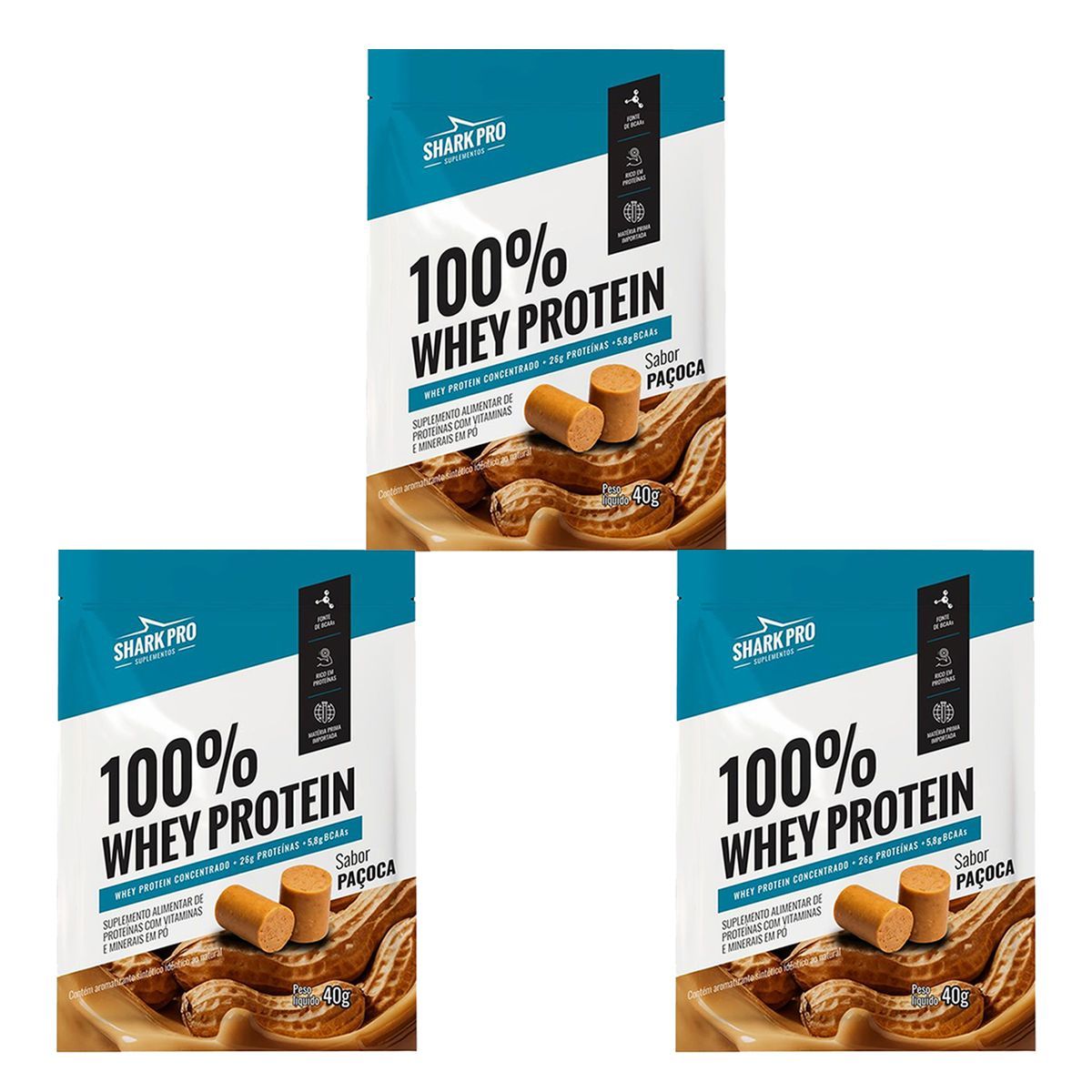 Kit 3X Whey 100% - 1 Sach� 40g Pa�oca - Shark Pro