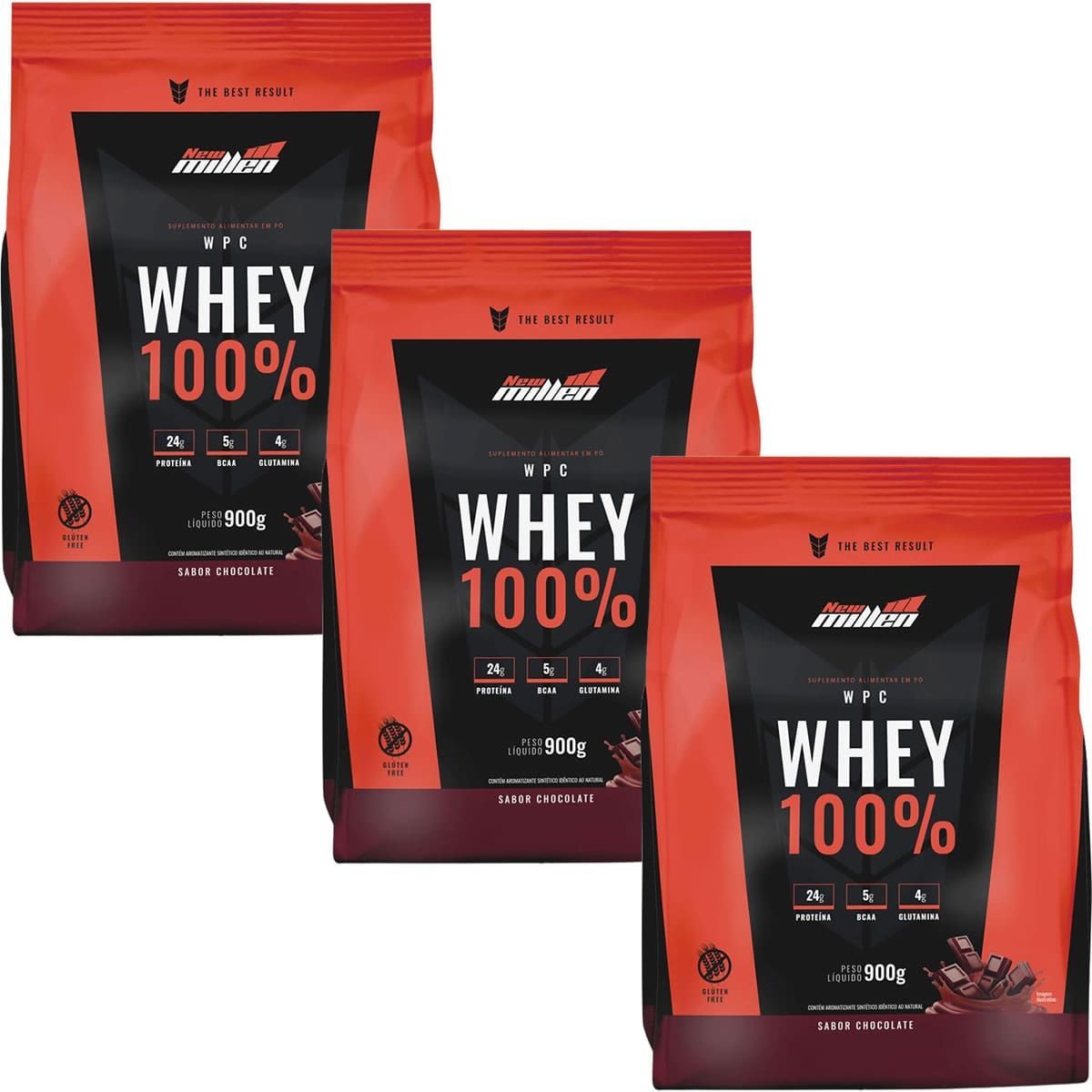 Kit 3X Whey 100% - 900g Refil Chocolate - New Millen