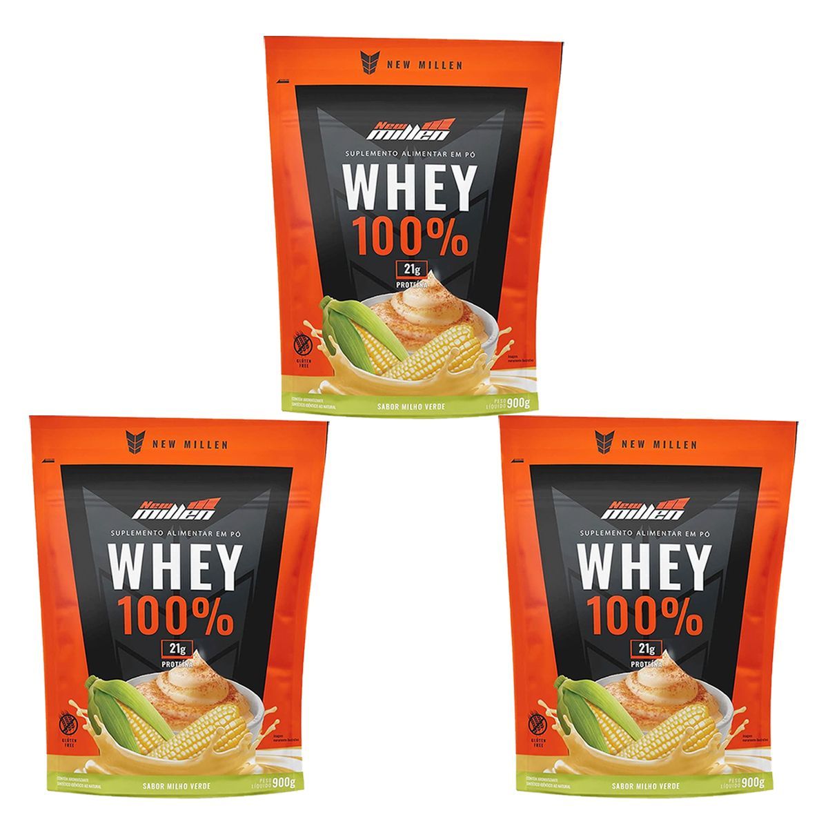 Kit 3X Whey 100% - 900g Refil Milho Verde - New Millen