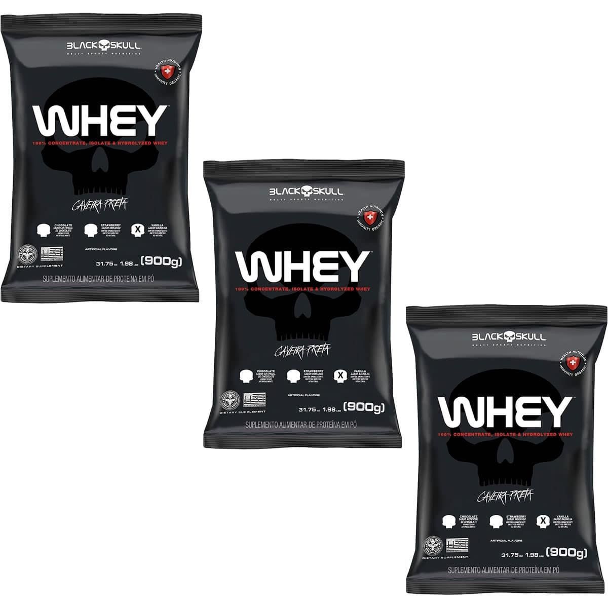 Kit 3X Whey 100% Concentrate - 900g Refil Baunilha  - Black Skull