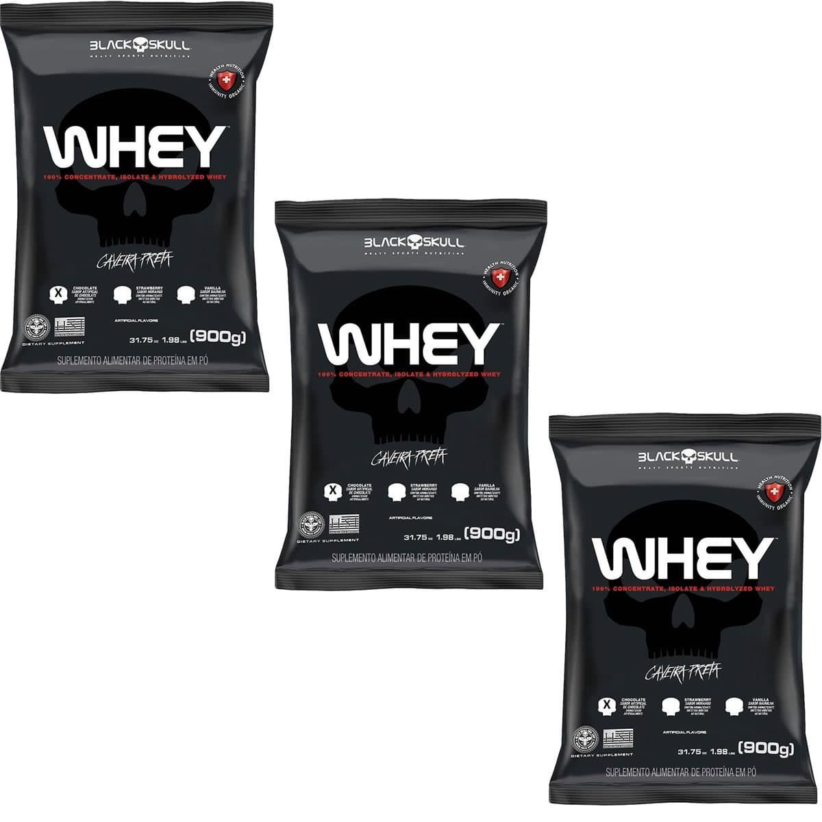 Kit 3X Whey 100% Concentrate - 900g Refil Chocolate - Black Skull