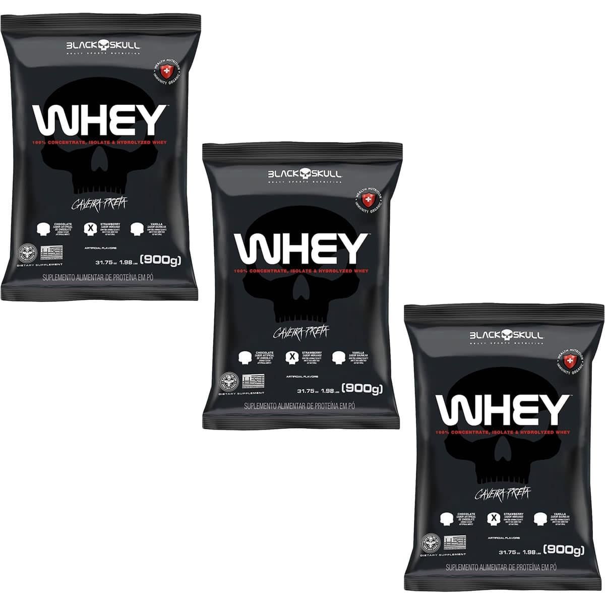 Kit 3X Whey 100% Concentrate - 900g Refil Morango  - Black Skull
