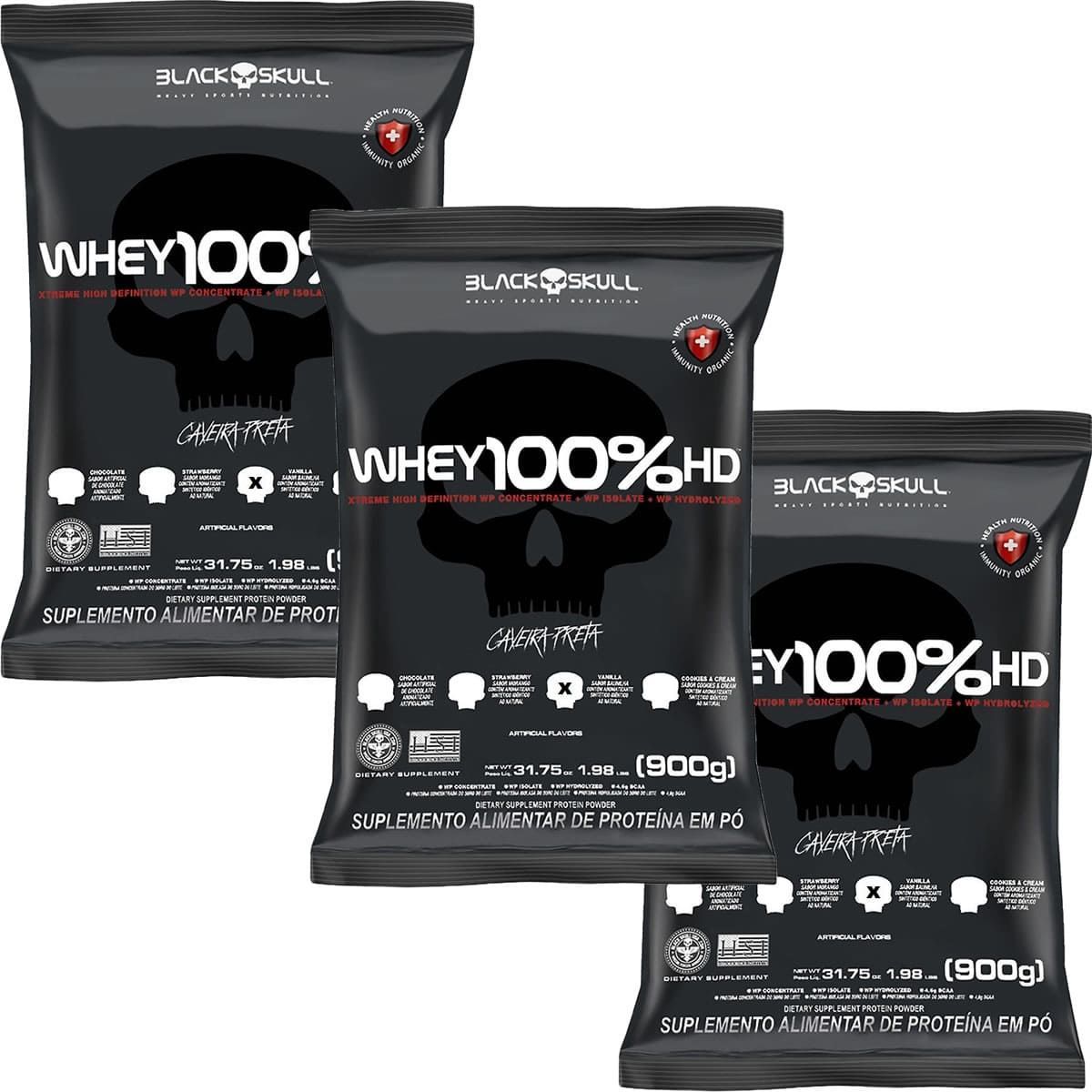Kit 3X Whey 100% HD - 900g Refil Baunilha - Black Skull