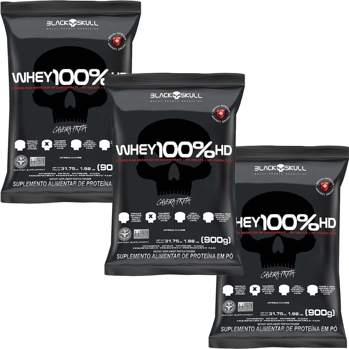 Kit 3X Whey 100% HD - 900g Refil Morango - Black Skull