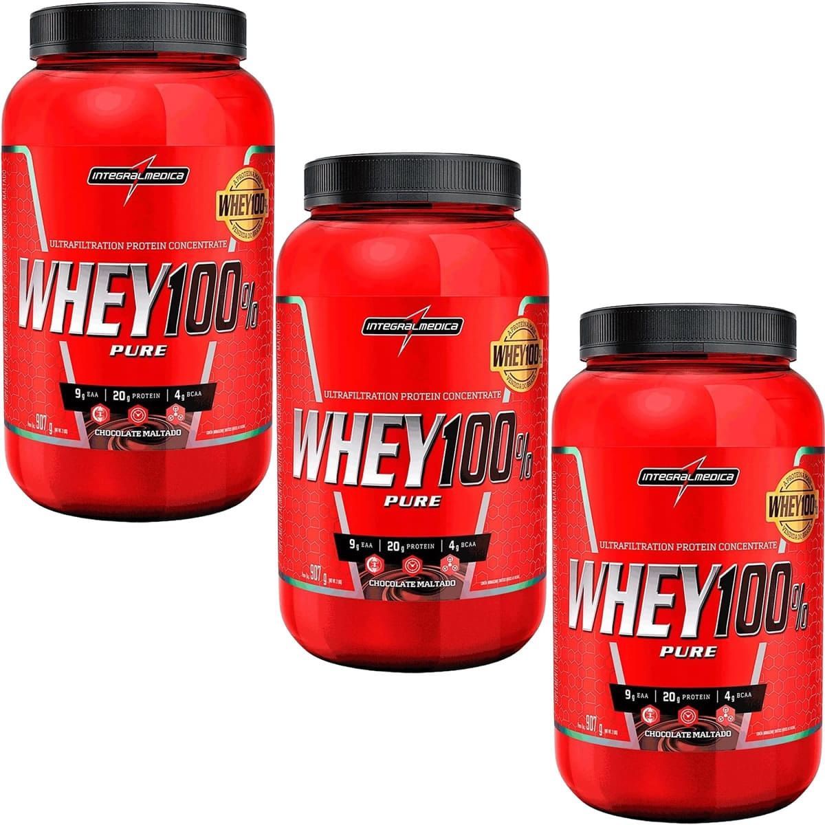 Kit 3X Whey 100% Pure - 907g Chocolate Maltado - IntegralM�dica