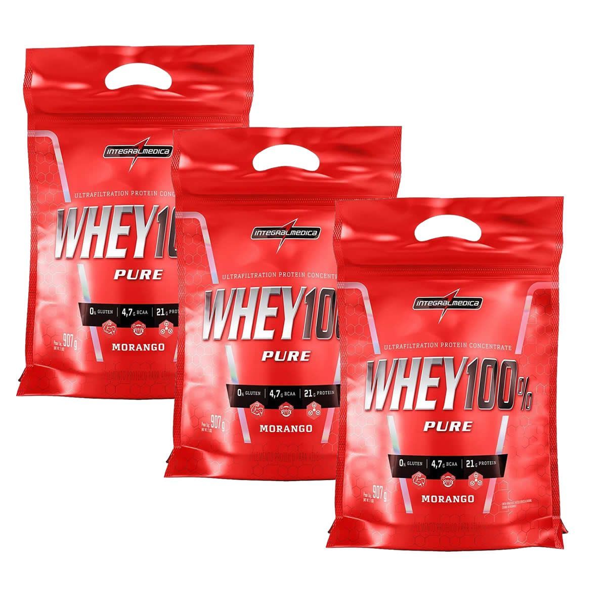 Kit 3X Whey 100% Pure - 907g Refil Morango - IntegralM�dica