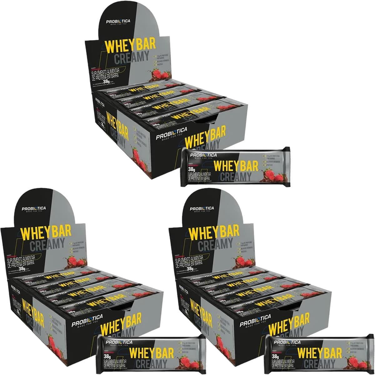 Kit 3X Whey Bar Creamy - 12 Unidades 38g Morango - Probi�tica