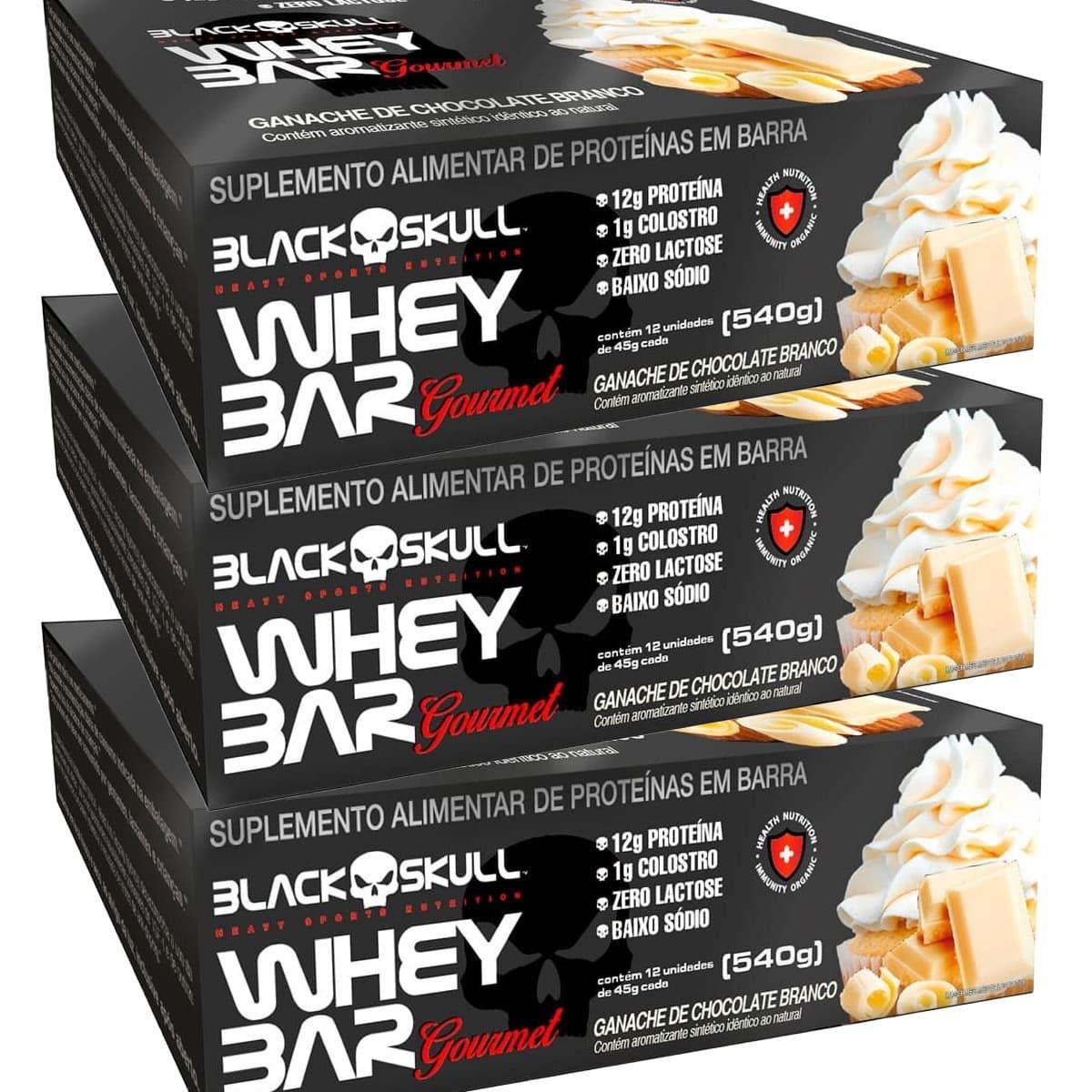 Kit 3X Whey Bar Gourmet - 12 Unidades 45g Chocolate Branco - Black Skull
