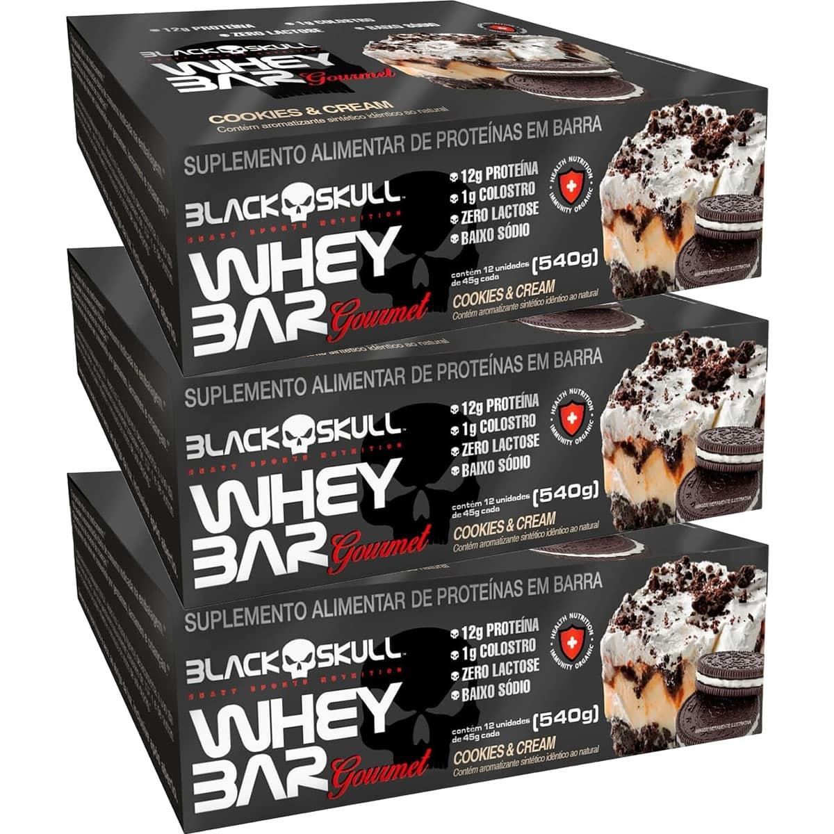 Kit 3X Whey Bar Gourmet - 12 Unidades 45g Cookies and Cream - Black Skull