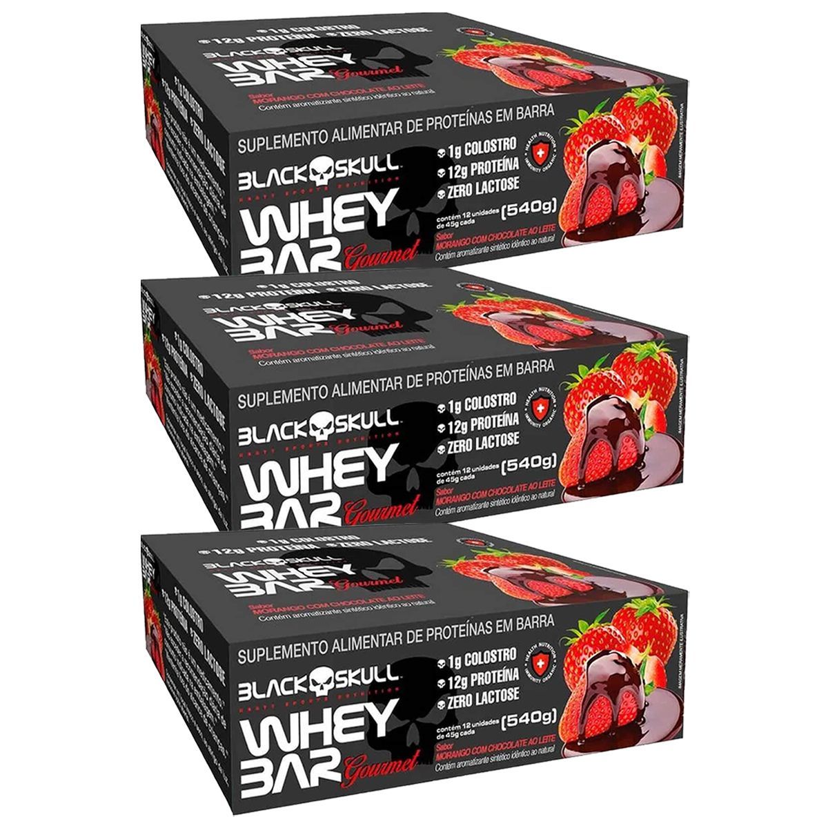 Kit 3X Whey Bar Gourmet - 12 Unidades 45g Morango com Chocolate - Black Skull