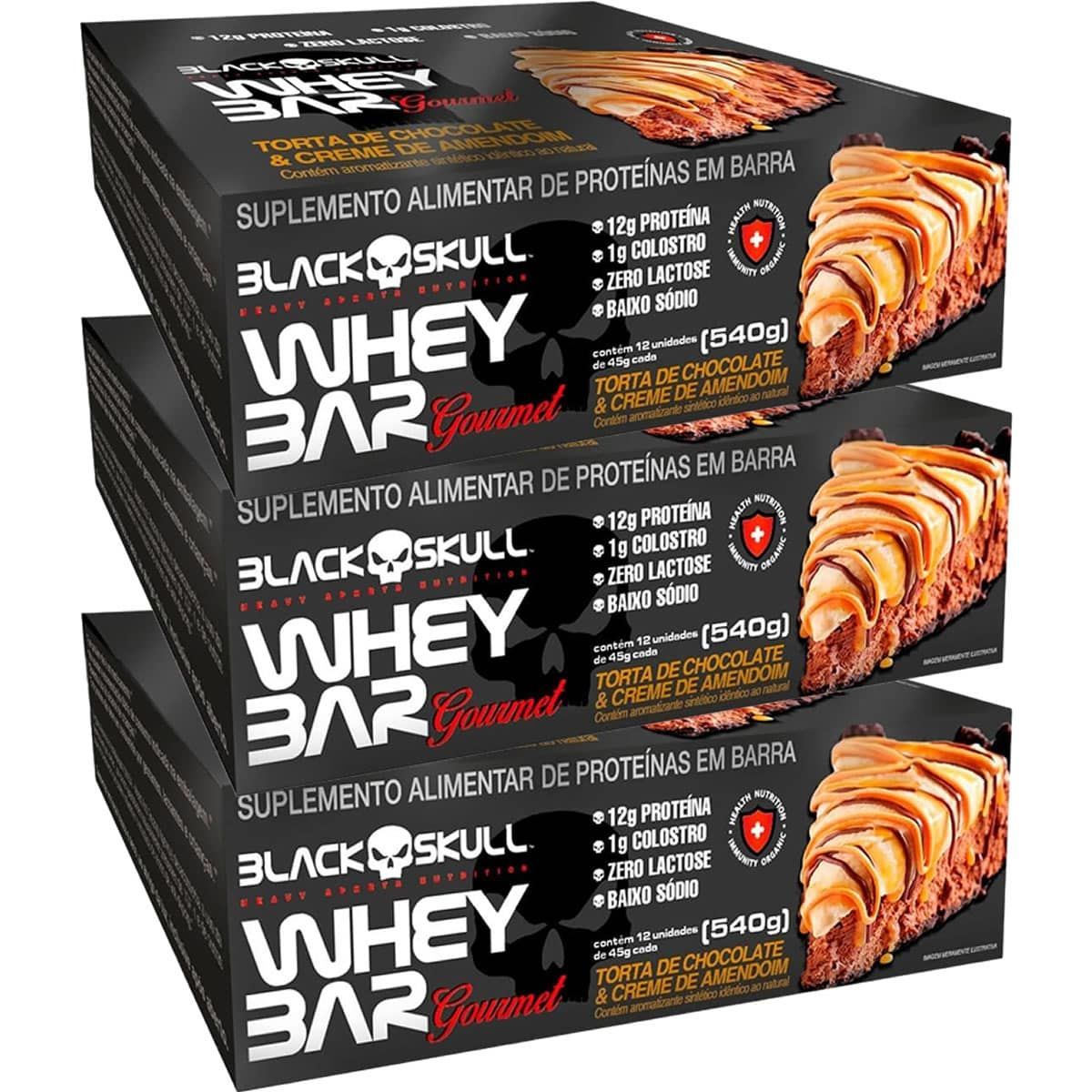 Kit 3X Whey Bar Gourmet - 12 Unidades 45g Torta de Chocolate e Creme de Amendoim - Black Skull