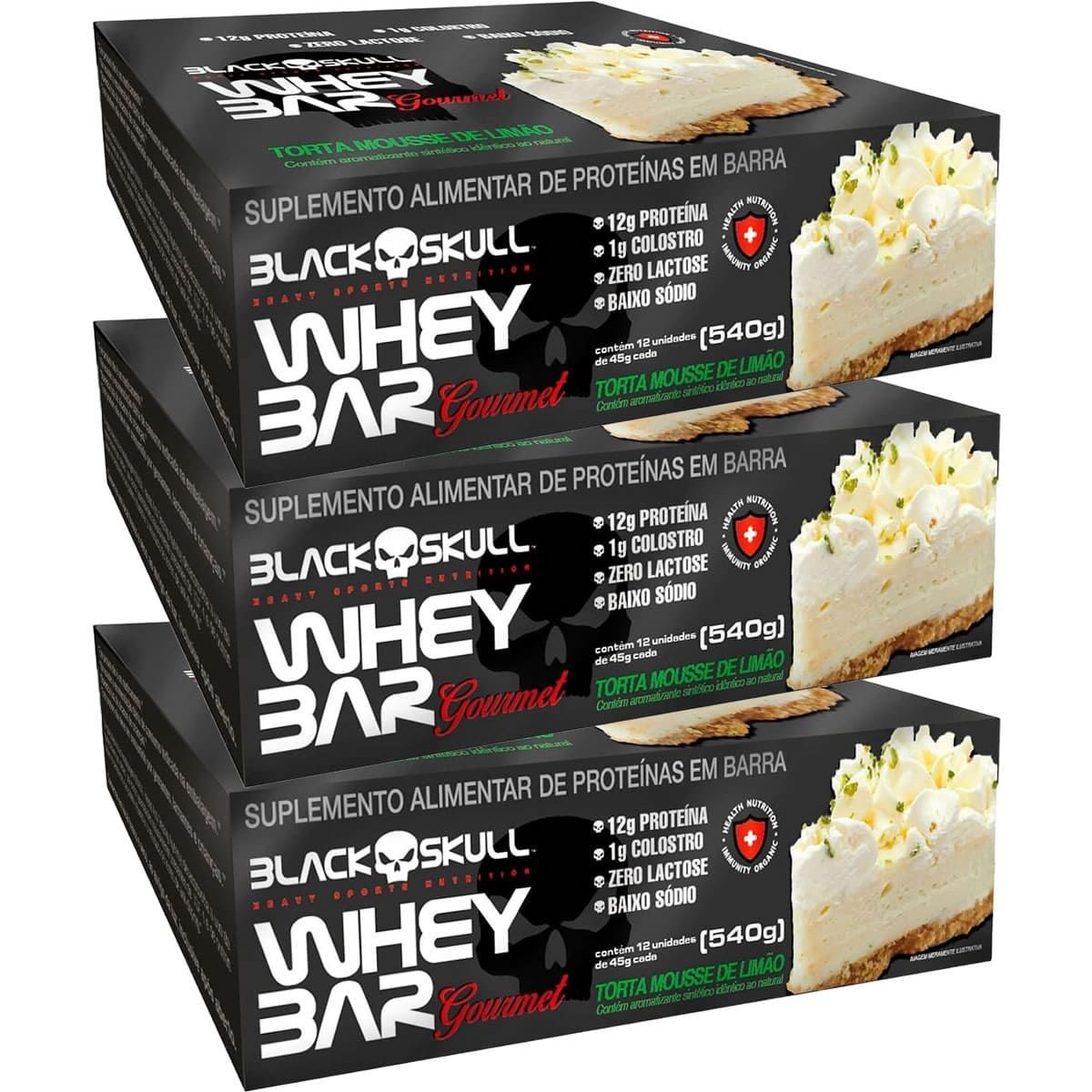 Kit 3X Whey Bar Gourmet - 12 Unidades 45g Torta Mousse de Lim�o - Black Skull