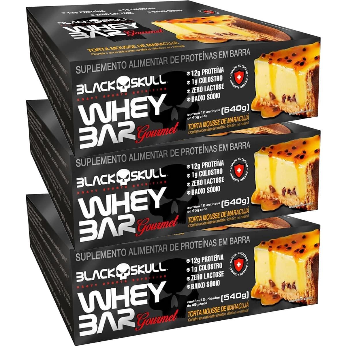 Kit 3X Whey Bar Gourmet - 12 Unidades 45g Torta Mousse de Maracuj� - Black Skull