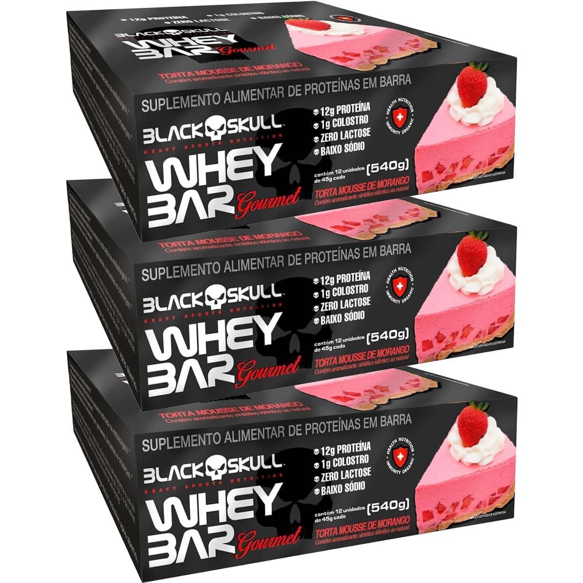 Kit 3X Whey Bar Gourmet - 12 Unidades 45g Torta Mousse de Morango - Black Skull