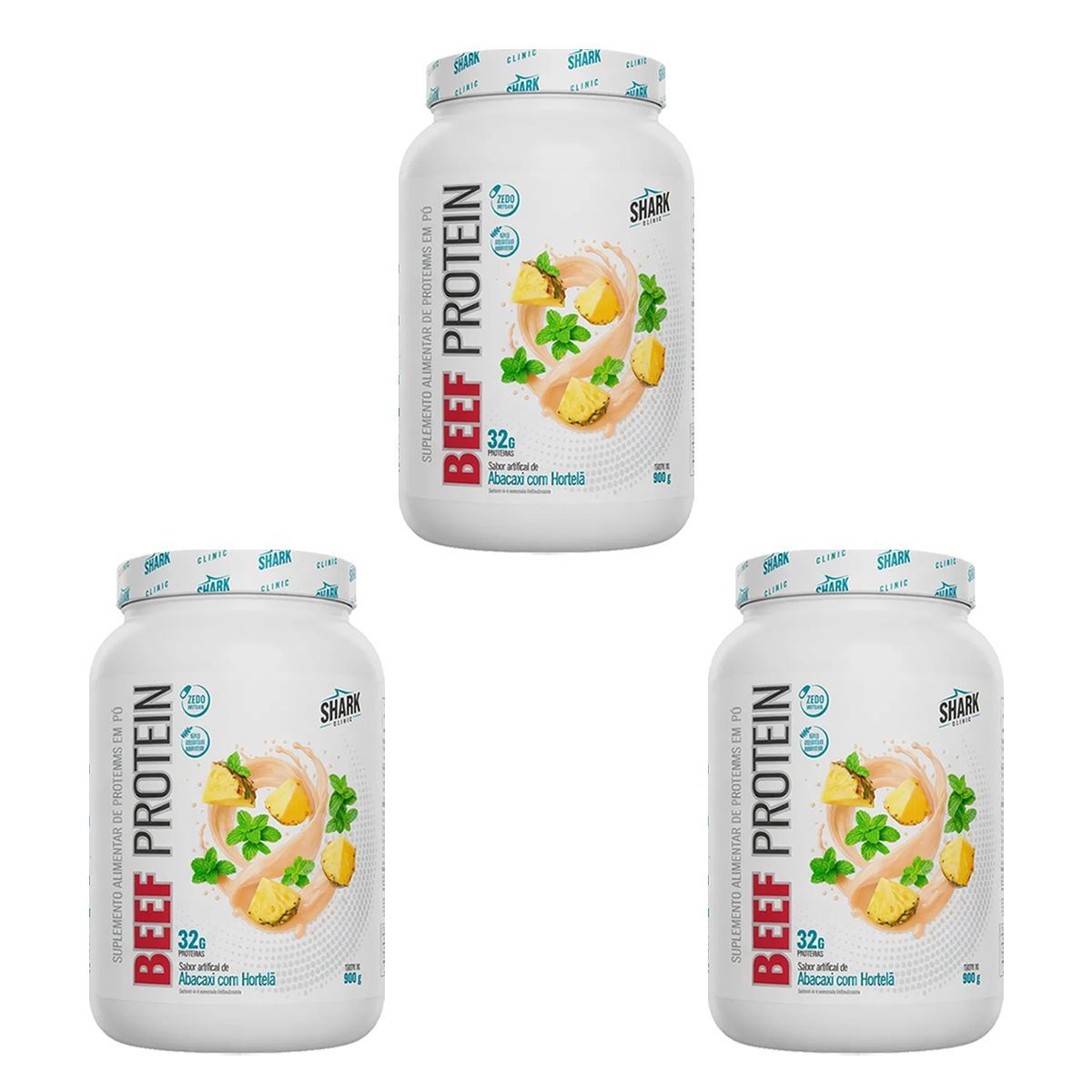 Kit 3X Whey Beef Protein - 900g Abacaxi com Hortel� - Shark Pro