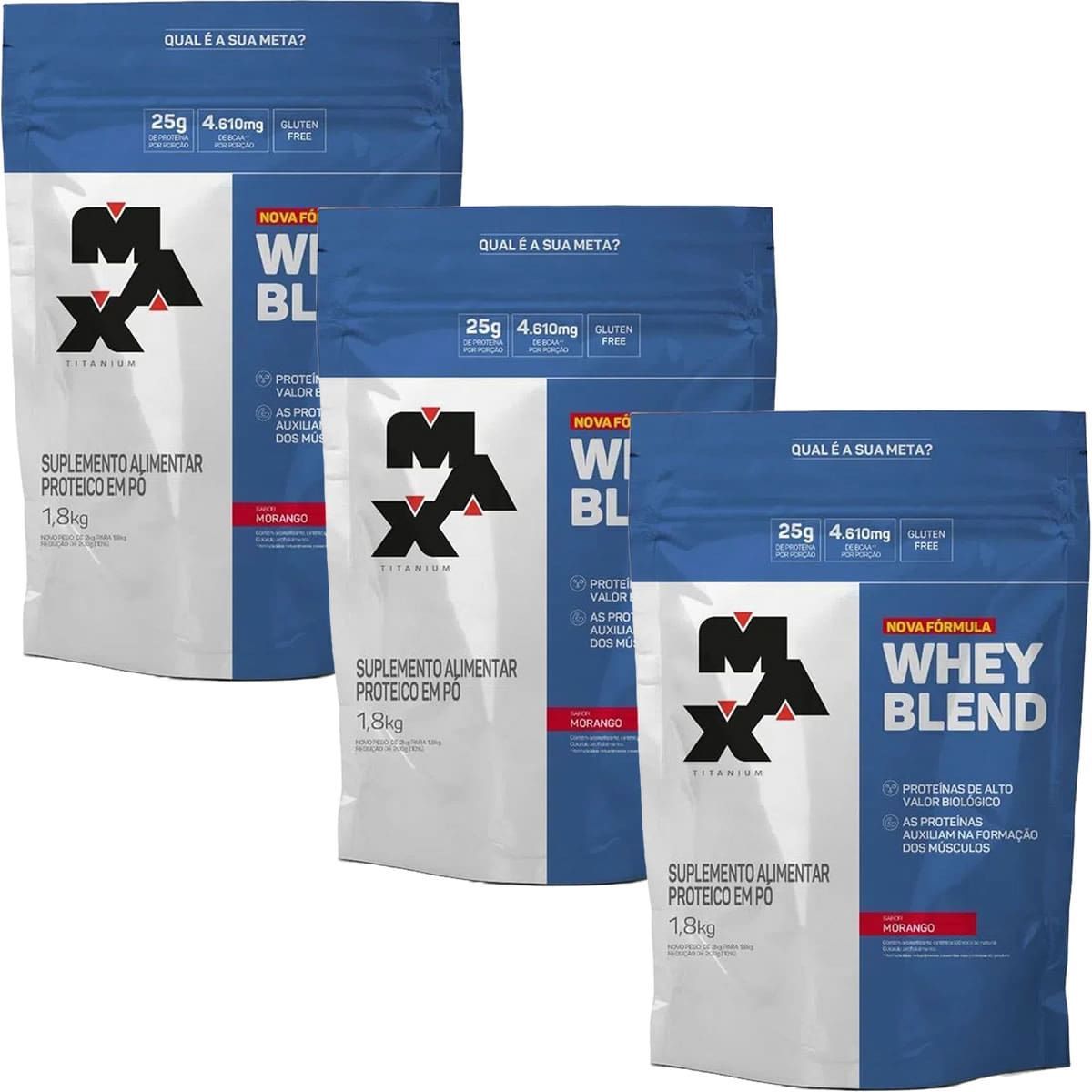 Kit 3X Whey Blend Nova F�rmula - 1800g Refil Morango - Max Titanium