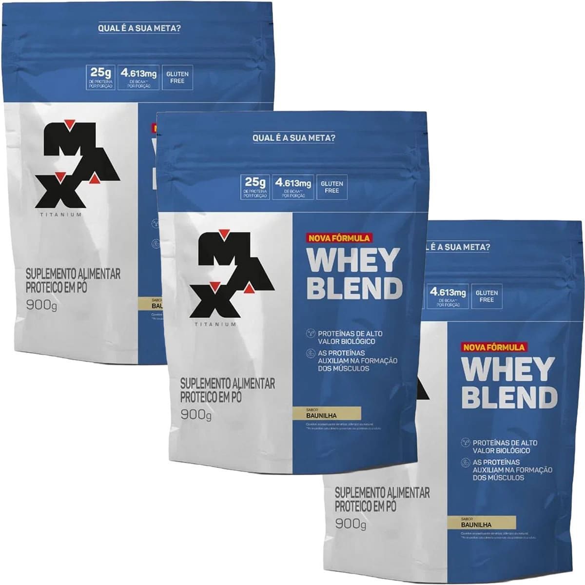 Kit 3X Whey Blend Nova F�rmula - 900g Refil Baunilha - Max Titanium