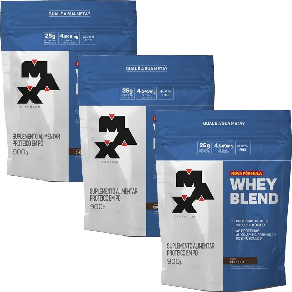 Kit 3X Whey Blend Nova F�rmula - 900g Refil Chocolate - Max Titanium