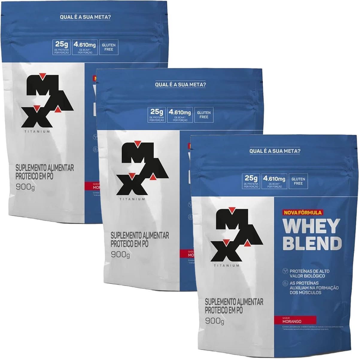 Kit 3X Whey Blend Nova F�rmula - 900g Refil Morango - Max Titanium